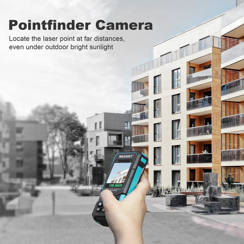 Hand holding Laser Measure Tool With 165 Feet Range towards building, shows pointfinder camera use in sunlight.