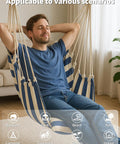 Man relaxing in a Chill Indoor Outdoor Hammock Chair Swing Set With Cushions And Pillows, 400 Lb Capacity Rope Chair In Soft Thick Cotton, Blue White Stripes