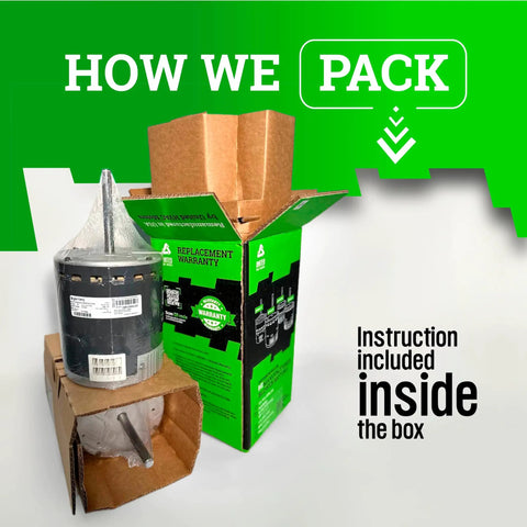 Remanufactured Blower Motor Ecm X13 3/4 Hp in packaging box with warranty and instructions included for furnaces and heat pumps.