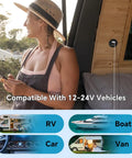 Woman using phone near Blazing Fast 118W 12V USB Socket Featuring 100W Type C Car Charger And 18W Quick Charge Dual Port Fast Charging Adapter For Rv Truck Boat Laptop Go Anywhere Power Hub Hassle Free Install.