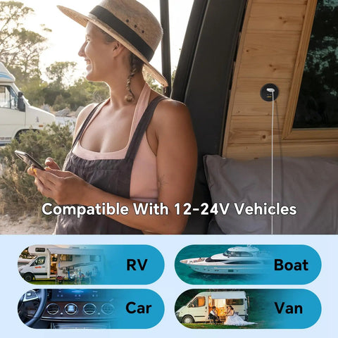 Woman using phone near Blazing Fast 118W 12V USB Socket Featuring 100W Type C Car Charger And 18W Quick Charge Dual Port Fast Charging Adapter For Rv Truck Boat Laptop Go Anywhere Power Hub Hassle Free Install.
