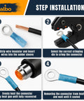 Step-by-step installation of a heat shrink ring terminal on wiring with tools and connectors shown in a four-part guide.