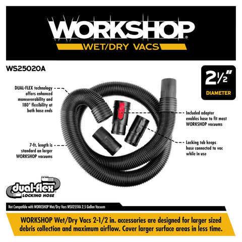 Dual Flex 2.5 Inch By 7 Foot Locking Shop Vac Hose Replacement for Wet Dry Vacuums with attachments and flexible design