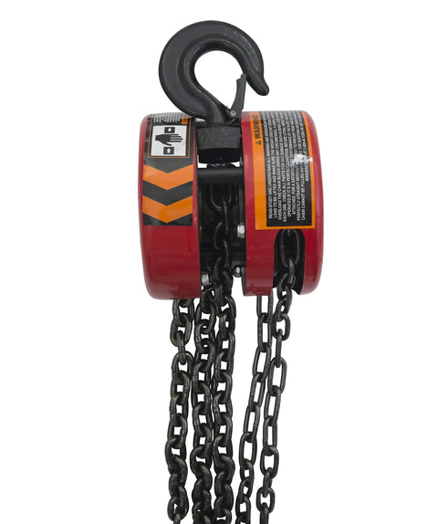 Top Shelf Manual Chain Block Hoist With Double Hook Setup And Precision Load Brakes, showing chains and hook, built tough for 6000 lb jobs.