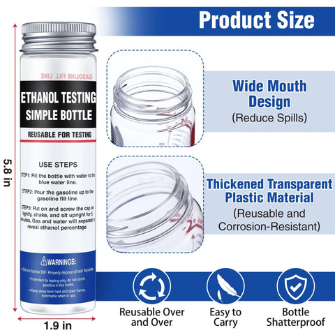 Image of a 2 Pack Reusable E85 Ethanol Tester Kit With Wide Mouth Bottles, showcasing size and design instructions.