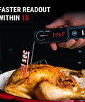 Hand using Lightning Fast One Second Instant Read Meat Thermometer With 180 Degree Rotating Display on roasted chicken