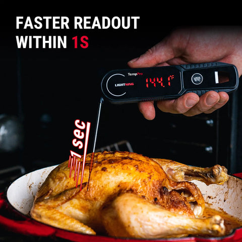 Hand using Lightning Fast One Second Instant Read Meat Thermometer With 180 Degree Rotating Display on roasted chicken
