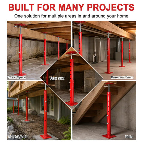 Heavy Duty Steel Crawl Space Jacks 4 Pack Adjustable Leveling Posts 19 To 36 Inches for supporting crawl spaces and beams.