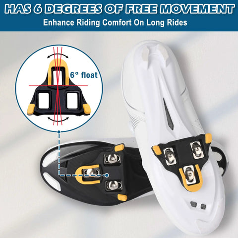 Road Bike Cleat Set With 6 Degree Float, Clipless Pedal Compatible, installed on cycling shoe, top view of 3 bolt cleat system