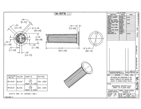 Technical drawing of RF151R Floor Box Kit With Brass Cover for drop-in installation in 2.5 inch hole, showing dimensions.