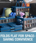 Collapsible Grocery Baskets With Handles 24L Ocean, 3 Pack filled with groceries and camping gear in car trunk, folded flat for storage