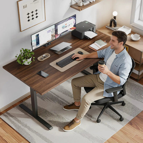 Klicelor 48 x 28 Electric Standing Desk With Memory Presets And Hooks height adjustable sit stand up home office with dual monitors.