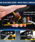 Close-up of All In One Ethernet Crimp Tool Kit With Carrying Case Pass Through Crimper For Cutting, Stripping, Crimping Cat5, Cat6 cables.