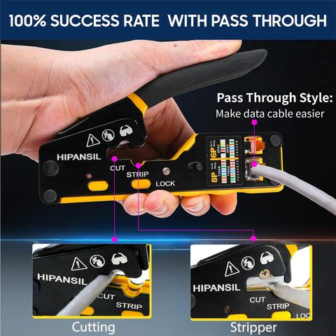 Close-up of All In One Ethernet Crimp Tool Kit With Carrying Case Pass Through Crimper For Cutting, Stripping, Crimping Cat5, Cat6 cables.