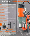 Magnetic drill press, orange and gray, front view with handle, base and chuck; drill bits and hex keys visible