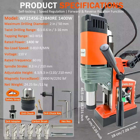 Magnetic drill press, orange and gray, front view with handle, base and chuck; drill bits and hex keys visible