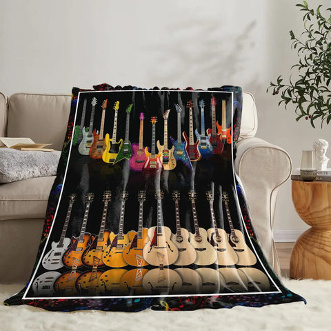 Cozy Music Lover Blanket For Guitar And Bass Fans A Soft Fleece Throw That Feels Plush And Lightweight Yet Warm Perfect For Lounging On The Couch Or Decorating A Room Sized 50 By 40 Inches Great Gift For Any Music Fan draped over a sofa.