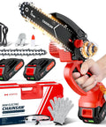 One Handed 6 Inch Cordless Mini Chainsaw With Dual Batteries For Quick Tree Trimming And Yard Cleanup, red, accessories shown