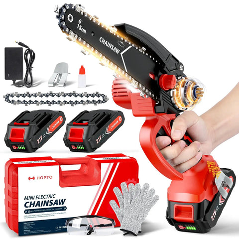One Handed 6 Inch Cordless Mini Chainsaw With Dual Batteries For Quick Tree Trimming And Yard Cleanup, red, accessories shown