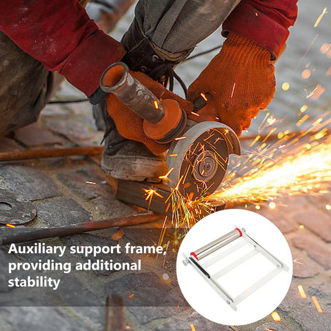 Worker uses a grinder with Adjustable Stainless Steel Cutting Machine Support Stand With Anti Slip Teeth for stable material holding.