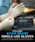 Heavy Duty Extra Large Powder Free Latex Gloves Featuring A Tough As Nails Textured Grip And Comfortable Beaded Cuff Made For Garage Grind Kitchen Cleanup Or Daily Janitorial Hustles In 100 Count Box shown in a hand wearing a latex glove.