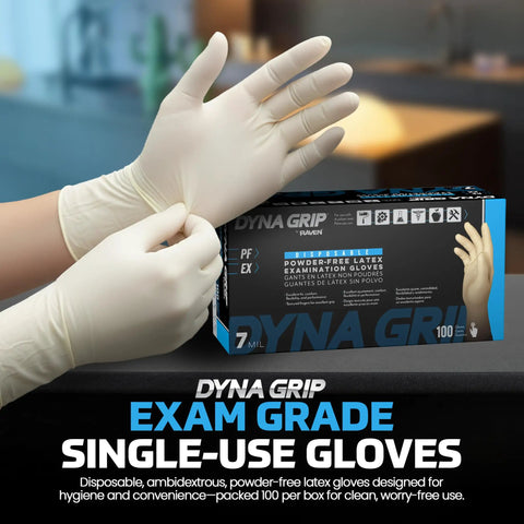 Heavy Duty Extra Large Powder Free Latex Gloves Featuring A Tough As Nails Textured Grip And Comfortable Beaded Cuff Made For Garage Grind Kitchen Cleanup Or Daily Janitorial Hustles In 100 Count Box shown in a hand wearing a latex glove.