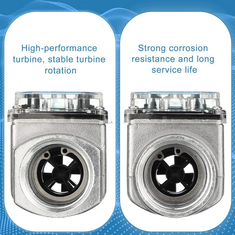 Two Pack Digital Turbine Flow Meters with Digital Display, durable aluminum design for fuel and water, emphasizes corrosion resistance.