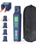 Front view of blue FI-20V optical fiber identifier with built-in VFL, fiber leads, and carrying case