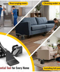 Heavy Duty Furniture Lifter Jack For Carpet Sliders And Hardwood Floors 660 Lb Capacity Includes Four Stackable Blocks To Raise Furniture Easily Smooth Rolling Wheels Back Saving Tool in use lifting furniture in various home settings