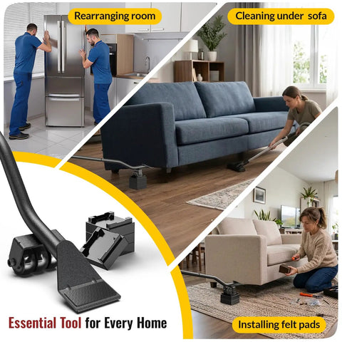 Heavy Duty Furniture Lifter Jack For Carpet Sliders And Hardwood Floors 660 Lb Capacity Includes Four Stackable Blocks To Raise Furniture Easily Smooth Rolling Wheels Back Saving Tool in use lifting furniture in various home settings