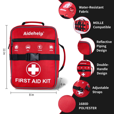 Red 520 Piece Premium First Aid Kit for Home Car Travel Camping Hiking School with MOLLE and labeled compartments