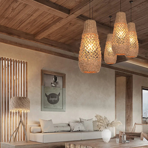 Boho Rattan Pendant Light Fixture, handwoven wicker hanging lamp illuminating rustic living room with cozy retro island glow.