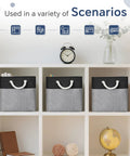 Six Pack 11 Inch Fabric Cube Storage Bins With Handles For Shelves And Desks Black And Gray Linen Textured Exterior Easy Clean EVA Lining Durable Storage Organizer For Home Office Closet displayed on a white shelf