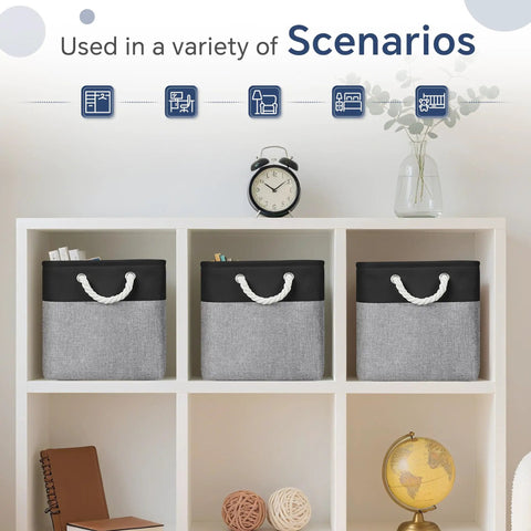Six Pack 11 Inch Fabric Cube Storage Bins With Handles For Shelves And Desks Black And Gray Linen Textured Exterior Easy Clean EVA Lining Durable Storage Organizer For Home Office Closet displayed on a white shelf