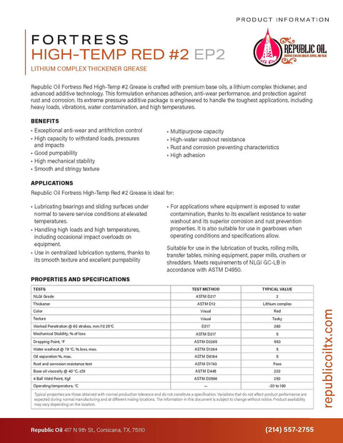 Red High Temp Grade Two Lithium Complex Multi Purpose Grease 35 Pound Pail For Wheel Bearings And Chassis EP2 Extreme Pressure Heavy Duty Fifth Wheels Agriculture And Construction specifications sheet