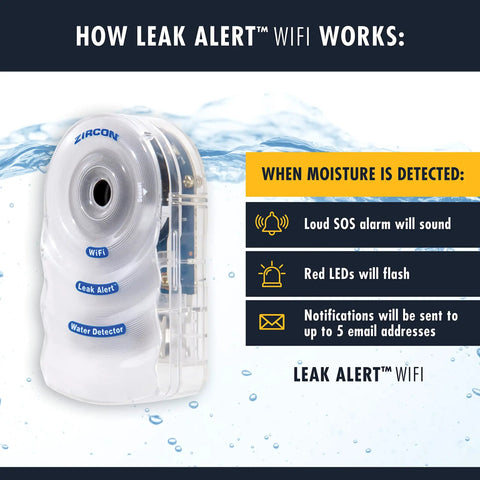 Two Pack WiFi Water Leak Alarm With Email Alerts Audio And Visual Notifications No Wiring Needed 105 dB Siren And Flashing SOS Light Batteries Included Name Each Detector By Location During Setup product display with features listed.