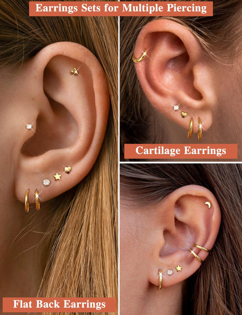 Hypoallergenic Surgical Steel Earrings Set With 14K Gold Plated Flat Back Studs And Small Hoop Cartilage Earring Stacks For Women And Men Great For Helix And Tragus Piercings First Or Second Holes Lightweight And Dainty on multiple ear piercings