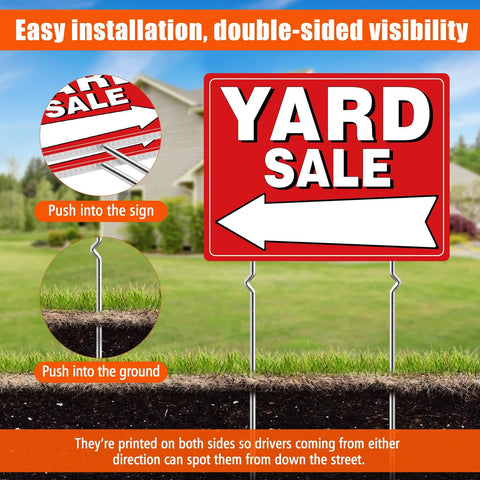 Yard sale sign kit, 2-pack with 4 metal stakes; double-sided fluorescent red sign.