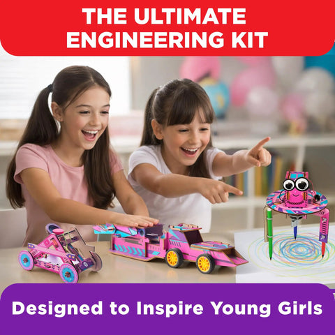 Cool Girls Engineering Kit for Kids Aged 8 and Up With Catapult Machine, Race Car Build, and Scribbling Robot - Hands-On STEM Fun for Young Makers, Ideal Birthday Gift or Holiday Surprise. Girls building STEM kit projects