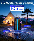Sun Powered Dope Bug Zapper Outdoor With 5000mAh Battery USB-C Rechargeable And 4 Sided Solar Panels in a camping scene