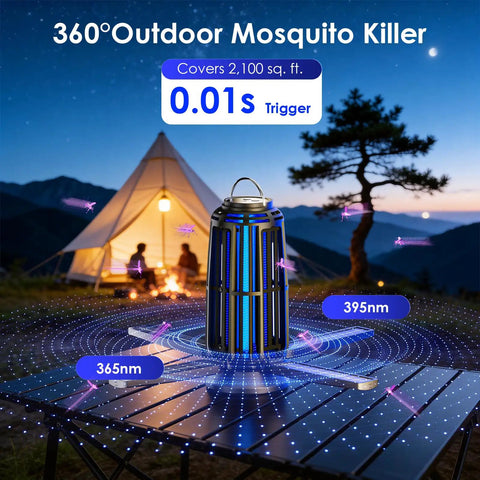 Sun Powered Dope Bug Zapper Outdoor With 5000mAh Battery USB-C Rechargeable And 4 Sided Solar Panels in a camping scene