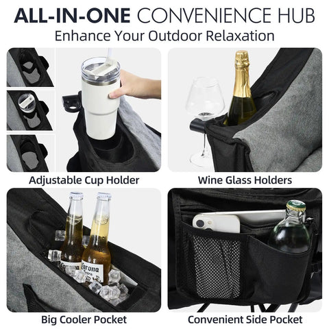 Convenience features of Beast Mode Comfort Oversized Camping Chair with cup holder, wine glass holders, and cooler pockets.