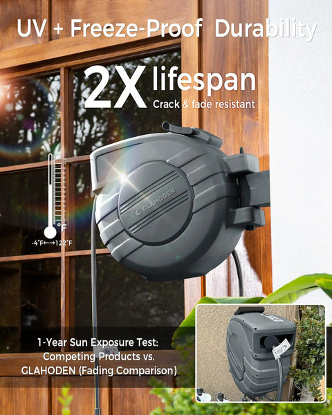 Heavy Duty Retractable Garden Hose Reel Half Inch By 100 Foot With Slow Auto Retract No Fuss Anti-Tangle Design Dual Ratchet Lock UV And Freeze Protection Brass Seal 180 Degree Swivel Reinforced Scaffold Wall Mount on outdoor wall