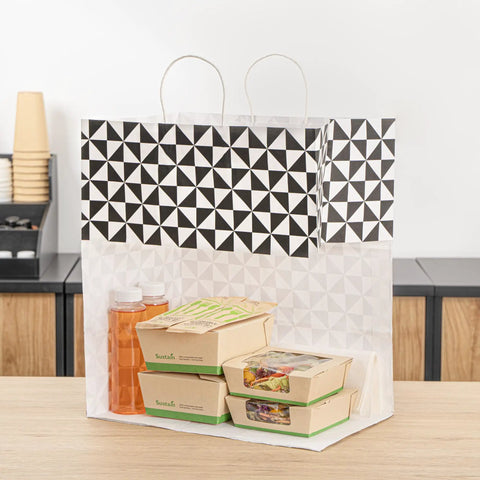 Vogue Tear-Resistant White Gift Bags With Built-In Handles, 100 Count, Paper Retail Bags With Black Print holding food containers