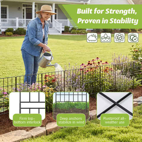 Woman watering plants beside Tall 31.5 Inch Decorative Garden Fence Panels 14 Pack No Dig Metal Wire Border for Dogs and Pets