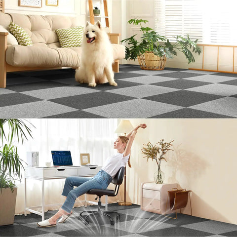 Living room and home office featuring 20 Pack Commercial Carpet Tiles 20x20 Inches Reusable Carpet Squares With Stickers PVC Backed