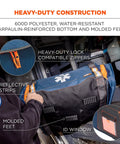 Close-up of Arsenal 5216 First Responder Medical Trauma Jump Bag showing 600D polyester, molded feet, ID slots, heavy-duty zippers.