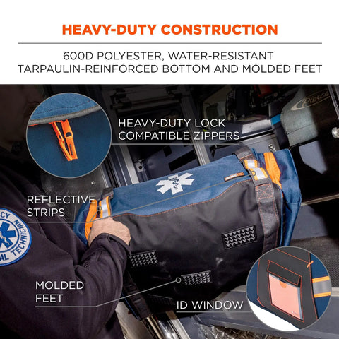 Close-up of Arsenal 5216 First Responder Medical Trauma Jump Bag showing 600D polyester, molded feet, ID slots, heavy-duty zippers.