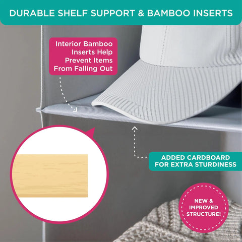 Close-up of reinforced shelf with bamboo inserts in two in one hanging closet organizer with built in garment rod.