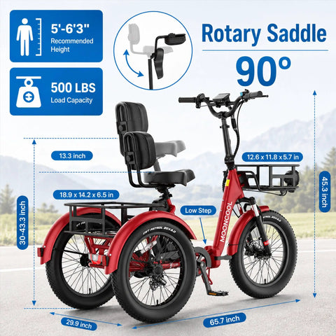 Electric Tricycle For Adults TK Pro Folding Electric Trike With 20 Inch Wheels, 48V 20Ah Battery With 21700 Cells, Removable Battery For Easy Charging, Fast Charge, Real World Range 35 To 60 Miles, Smooth Ride, red trike with rear seat and front basket, 90° rotary saddle